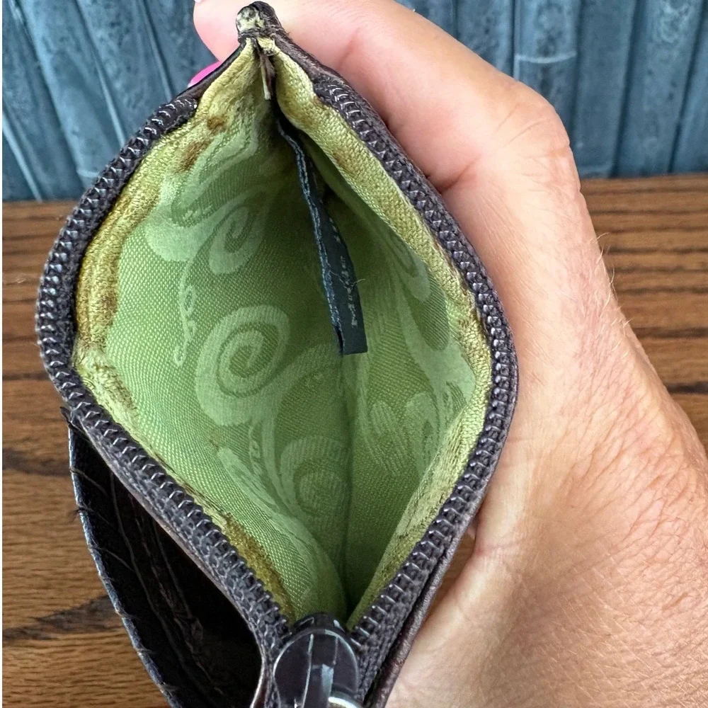 Brighton Brown Pebbled Leather Croc Trim Heart ID Window Coin Purse Card Holder